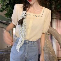 COD DSFERTRETRE Women Retro Embroidery Blouse Square Neck Short Sleeve Blouse