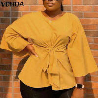 VONDA เสื้อเอว3/4ผู้หญิงที่สง่างามเสื้อจีบสีพื้น (ขนาดพิเศษ)