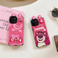 3D เคสโทรศัพท์หนังหูหมีน่ารักสำหรับ IPhone 11 12 13 14 15 Pro Max ฝาหลังแฟชั่นลายการ์ตูนหมีสตรอเบอร์รี่