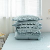 [COD] style lace solid brushed bed sheet quilt four-piece set ins princess three-piece little fairy blue