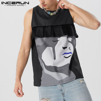 INCERUN เสื้อยืดแนวพังก์สำหรับผู้ชายเสื้อยืดแขนกุดสไตล์ฮิปฮอปพิมพ์ลาย (สไตล์ตะวันตก)