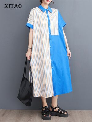 XITAO Dress  Women Goddess Fan Casual Striped Shirt Dress