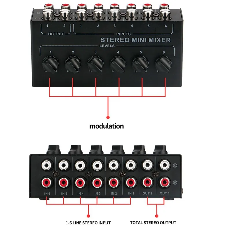 Mini Stereo 6 Channel Passive Mixer RCA Portable Audio Mixer 6 In 2 Out  Stereo Distributor Control No Battery Required