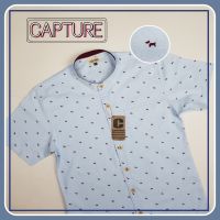 Capture Shirt เสื้อเชิ้ตผู้ชาย เชิ้ตแขนสั้น คอจีน ลายหมาเล็ก สีฟ้าอ่อน มีถึงอก 48 นิ้ว