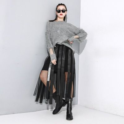 XITAO Skirt Trendy Webbing Tassel Mesh Splicing Black Skirt