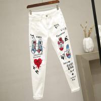 Women White Skinny Denim Pants Cartoon Graffiti Printed Stretch Jeans Autumn Slim Body Pencil Jeans Ladies Jeans