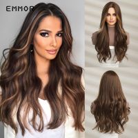 Emmor Highlight Brown Synthetic Long Wavy Wigs No Bangs Women Wigs Cosplay Natural Hair Wig High Temperature Resistance Fiber Wig  Hair Extensions Pad