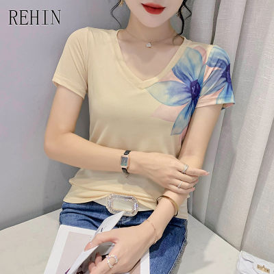 REHIN ผู้หญิงด้านบน3D ดอกไม้ขนาดใหญ่พิมพ์แฟชั่น Slim Fit V คอสั้นเสื้อยืด S-3XL Elegant เสื้อ