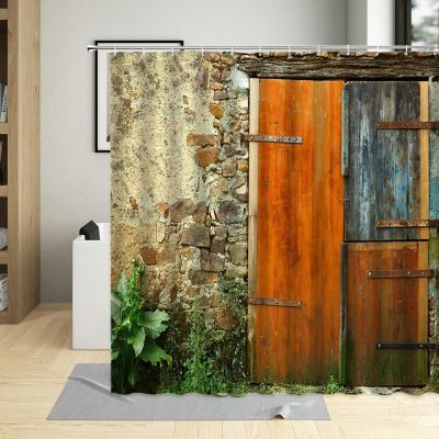 European Retro Building Landscape Shower Curtain Wooden Door Printing Waterproof Home Decorative Bathroom Curtains With Hooks