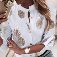 2023 Hot Sale Pineapple Print Blouse Women Shirt White Long Sleeve Shirt For Woman Tops  Autumn Blouse Female Elegant Shirt