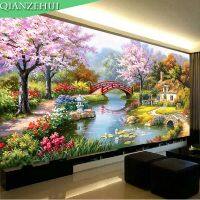 ☈ QIANZEHUINeedleworkDIY landscape cross stitch European oil painting Garden cabinSets For Embroidery kit Wall Home Decro