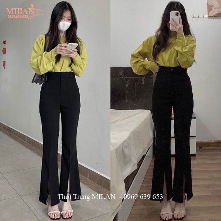 Mua Quần ống loe lưng cao 2 cúc chất vải trượt Thái co giãn nhẹ, tạo dáng  sành điệu công sở tôn dáng ống vẩy nữ - M - Màu đen tại