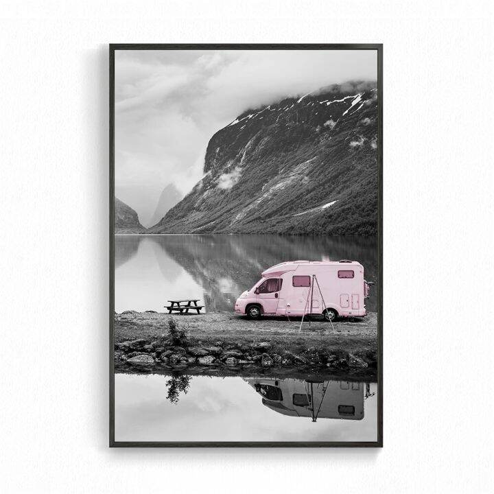 nordic-landscape-canvas-prints-pink-car-motor-home-decoration-maison-travel-wall-art-pictures-in-black-and-white