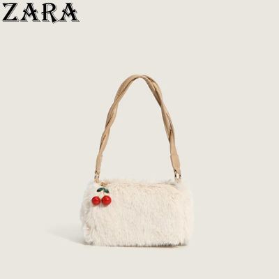 ZARA กระเป๋าผู้หญิงผ้ากำมะหยี่ลายเชอร์รี่,2022ใหม่อินเทรนด์กระเป๋าถือตุ๊กตาหรูหราน้ำหนักเบาอเนกประสงค์ใส่กระเป๋าพาดตัวพอดี