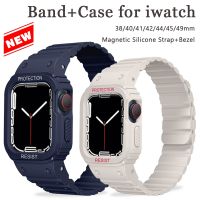 ™►♛ Magnetic Silicone Strap Case for Apple Watch Band ultra 49mm Bezel Band for iwatch 8 7 SE 6 5 4 45mm 44mm 41mm 38mm Bracelet