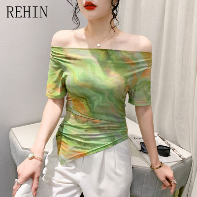 REHIN เสื้อยืดแขนสั้นสำหรับผู้หญิง,เสื้อไม่เหมือนใครแฟชั่นสีเขียวพิมพ์ลายหมึกสีเขียวเสื้อผู้หญิงที่สง่างาม