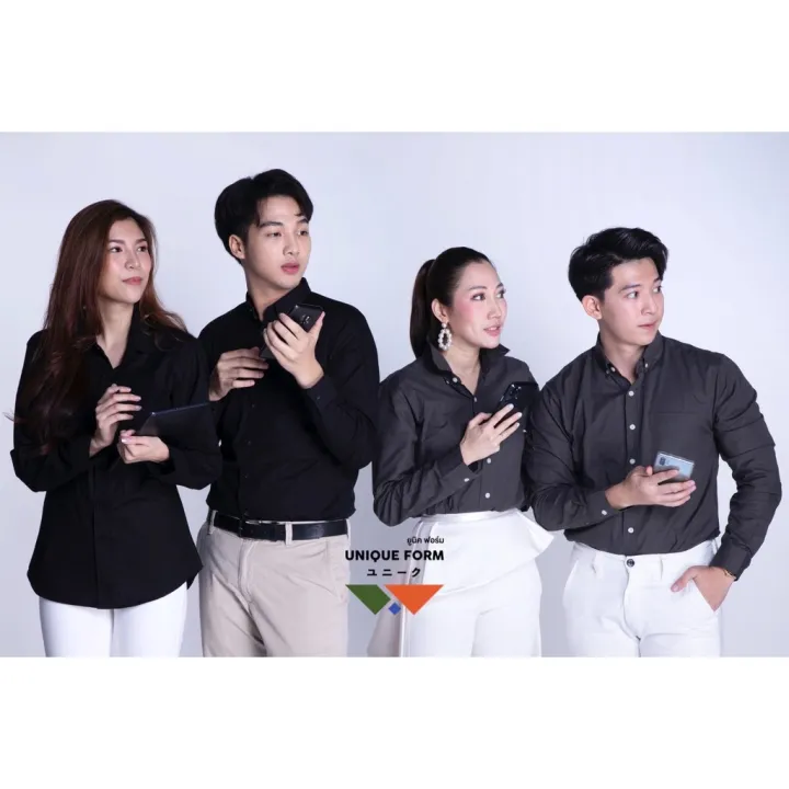 uniqueform-เสื้อเชิ้ต-แขนยาว-แขนสั้น-คอจีน-คอปก-สีชาโคล-สีดำกระดุมดำ-charcoal-grey-classic-black-pure-oxford-shirt