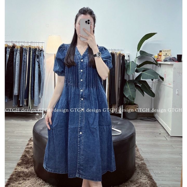 ĐẦM JEAN SUÔNG CỔ V-váy bò babydoll xếp ly đẹp | Lazada.vn