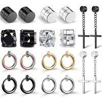 10 Pairs Magnetic Stud Earrings Stainless Steel Non Perforated Cross Pendant Ring Unisex Clip Earrings Black CZ Earring Set