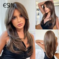 ESIN 24 Inches Synthetic Wig Medium Wavy Ombre Mixed Dark Blonde Wigs for Women Ombre Layered Hair Natural Daily Party Wigs