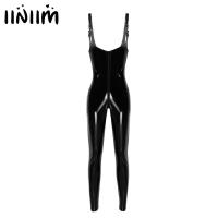 Womens Female Fashion Pole Dance Exotic Teddies Costumes Shiny Metallic Patent Leather Latex Front Zippered Bodysuit Clubwear