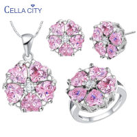 Cellacity Silver 925 Jewelry Set for Women Heart-shaped Gemstone Fashion Pink Crystal Necklace Earring Ring Female Wedding Set