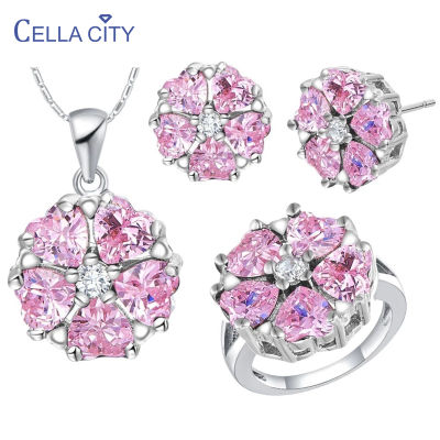 Cellacity Silver 925 Jewelry Set for Women Heart-shaped Gemstone Fashion Pink Crystal Necklace Earring Ring Female Wedding Set