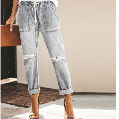 Holes Ripped Cotton Jeans For Women Moms Plus Size Elastic High Waist Pants Female Straight Loose Denim Trousers Mujer Summer