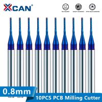 XCAN เครื่องตัดข้าวโพดมิลลิ่ง 10pcs 0.5 / 0.8 / 1.0mm Blue Coated Carbide PCB Router Bits สําหรับไม้ / โลหะมิลลิ่งแกะสลัก End Mill