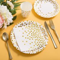 80pcs Gold Party Disposable Dinnerware Set Includes 7inch and 9inch plates cups paper napkins straw forks  knives and spoon