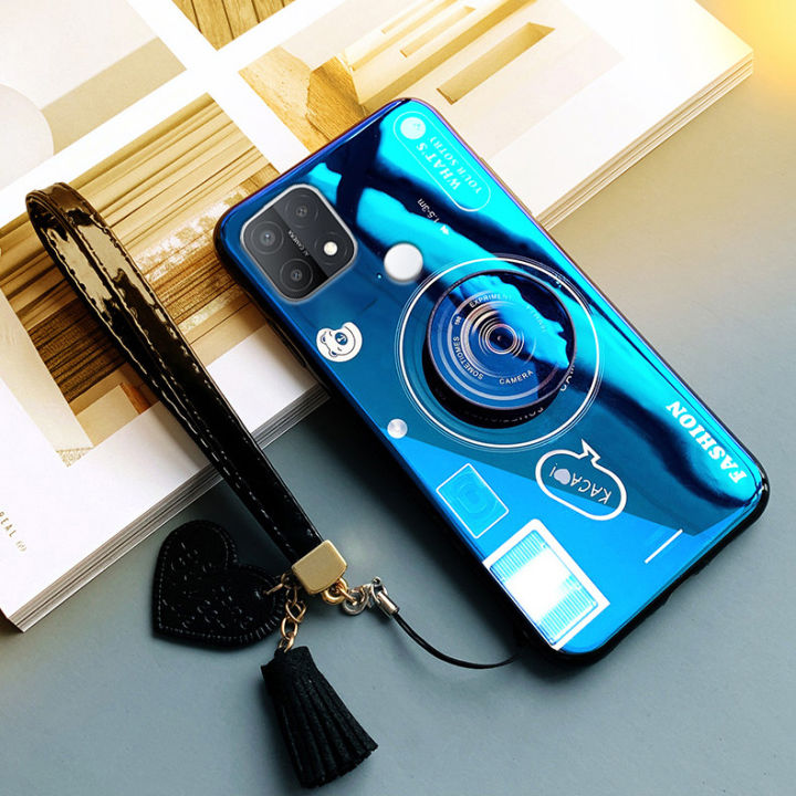 gloden-tree-for-realme-c21y-case-camera-pattern-stand-beautiful-tassel-hand-strap-protective-back-cover-couple-cases