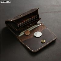 SIMLINE Genuine Leather Wallet For Men 100% Cowhide Vintage Handmade Short Small Wallets Purse Card Holder Case With Coin Pocket