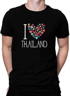 เสื้อยืดผู้ชายแฟชั่น Teeburon I Love Thailand Colorful Hearts T-Shirt t shirt men Cotton_