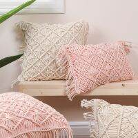 Macrame Throw Pillow Case with Fringe Tassels Farmhouse Bohemian Handmade Crochet Diamond Woven Decorative Cushion Cover for