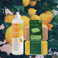 [จับคู่สุดคุ้ม] ฟองน้ำล้างจานธรรมชาติ 2sets 4ชิ้น &amp; น้ำยาล้างจาน organic LAGA - สูตร ขิง&amp;มะนาว 500ml. 1 ขวด