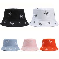 หมวก IDMU94789ผู้หญิงสองด้านปักลายผีเสื้อหมวกปานามาบ็อบหมวกชาวประมง Topi Bucket