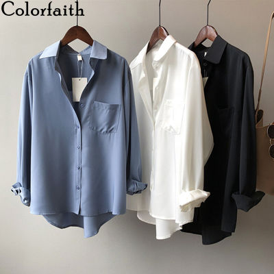 Colorfaith New  Women Spring Summer Blouse Shirts Casual Oversize Fashionable Pockets Elegant Office Lady Long Tops BL0895