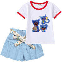 Poppy Playtime Skort เสื้อยืดชุดสำหรับเด็กเสื้อแขนสั้นสำหรับเด็กหญิงฤดูร้อนผูกโบว์ยีนส์ขาสั้นและท็อปส์ซูเสื้อผ้าเด็กผ้าฝ้าย + โพลีเอสเตอร์การ์ตูนเด็กผู้หญิง2-15ปี0000