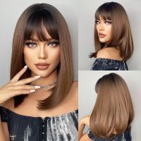 Dark Ombre Brown Short Straight Bob Synthetic Wigs with Bangs Natural Hairs for Women Daily Cosplay Party Heat Resistant Wig Wig  Hair Extensions Pads