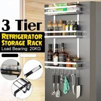 3 Tiers Metal Refrigerator Side Storage Organizer Rack Fridge Spice Rack Multi Use Refrigerator Side Shelf Including 7 Hooks Bathroom Counter Storage