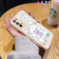 Jjlingji เคสสำหรับ OPPO A74 5G A54 5G เคสลายการ์ตูนกระต่ายสีขาวน่ารักสี่เหลี่ยมหรูหราเคสมือถือกรอบซิลิโคนกันกระแทกฝาหลังป้องกันเลนส์กล้อง