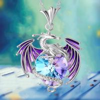 Punk Fashion Dragon Heart Crystal Necklace for Women Charm Love Birthstone Flying Dragon Pendant Necklace Animal Jewelry Gift