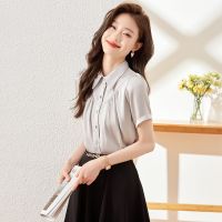 Women dress in the summer of 2023 silk shirt collar short sleeve cardigan jacket fold temperament show thin fashion joker