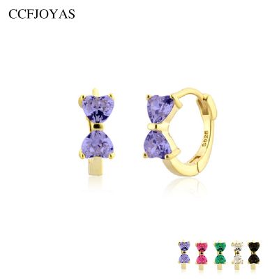 CCFJOYAS 925 Sterling Silver Two Heart Shaped White/Black/Purple Zircon Small Hoop Earrings Korean Style Bow-knot Earrings