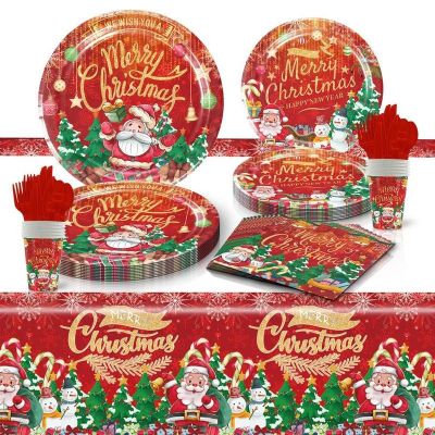 Useful Merry Christmas Party Tableware Supplies With Paper Plates Napkins Cups Tablecloth Dinnerware Xmas Decor For Home Party