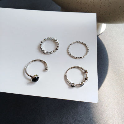 [COD] ชุดแหวนข้อต่อแบบเปิดสี่ชิ้นสไตล์เย็นชุดสีดำเรียบง่ายบุคลิกภาพแหวนหยดน้ำมันห้องส่วนตัว Christmas Gift