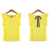 Mode Shop HangQiao Womens Blouse Summer Fashion Lotus Leaf O-Neck Casual Shirt Ladies Bow Chiffon Blouses Tops S-XL White Yellow