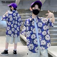 Boys short-sleeved flower summer thin 2023 new trendy big boy clothes ruffian handsome children fried street top