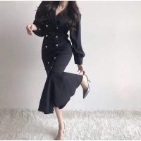 Korean Chic temperament wrap dress women suit neck plain buckle waist fishtail dress bubble sleeve lotus leafs dress