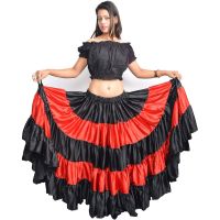 ▣ Red Traditional Spanish Flamenco Skirt Gypsy Women Dancing Costume Striped Satin Smooth Big Swing Belly Skirt Performance 90cm